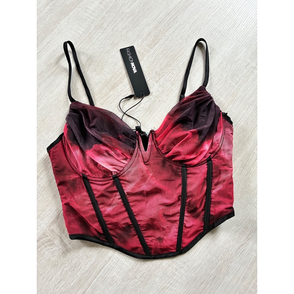 Fashion Nova Grunge Red Black Tie Dye Mesh Corset Top Bustier Sleeveless S NWT